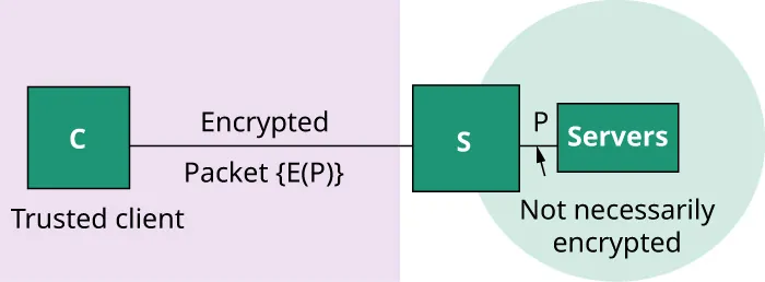 A diagram showing a “Trusted Client” (labeled C) connected to a server (labeled S) via an encrypted connection over an untrusted network. The connection carries an encrypted packet labeled “{E(P)}”. The server then forwards the packet (labeled P) to other “Servers” within a trusted network, which is not necessarily encrypted.