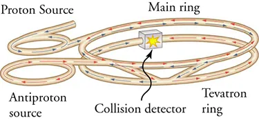 A Tevatron ring synchrotron is shown with both proton and antiproton sources emitting particles and antiparticles that travel around the ring in opposite directions before colliding in a collision detector.