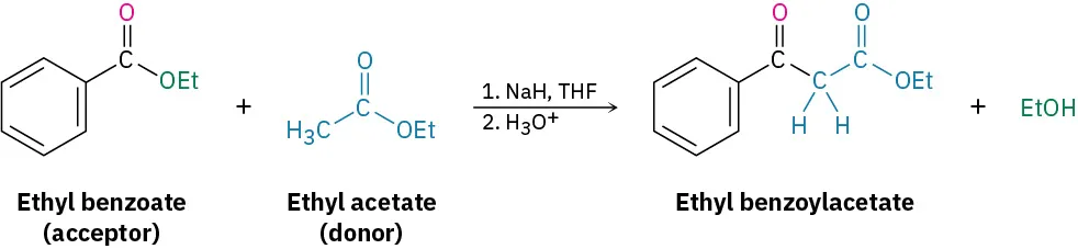 Ethyl benzoate (labeled acceptor) and ethyl acetate (labeled donor) react in the presence of sodium hydride in tetrahydrofuran, then hydronium , yielding ethyl benzoylacetate and ethanol.