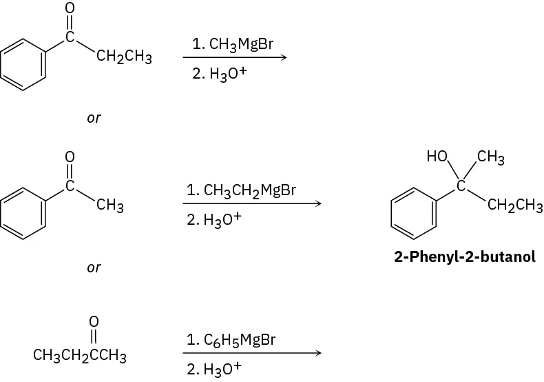 Three ways to make 2-phenyl-2-butanol: propiophenone with methylmagnesium bromide, then hydronium; acetophenone with ethylmagnesium bromide, then hydronium; 2-butanone with phenylmagnesium bromide, then hydronium.