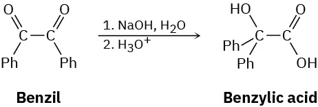 Benzil is converted to a benzylic acid by treatment first with aqueous sodium hydroxide and then with acid. Benzil is a dicarbonyl compound with two carbonyl groups joined to one another and a benzene ring on each carbonyl. The reaction occurs by a rearrangement.