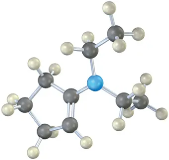 The ball-and-stick model shows C 1 of cyclopentene is linked to nitrogen that is further bonded with two ethyl groups.
