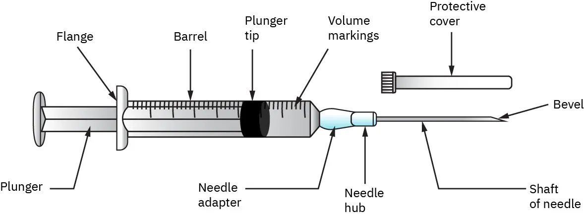 An illustration shows a syringe with labels showing plunger, flange, barrel, plunger tip, volume markings, needle adapter, needle hub, shaft of needle, bevel, and protective cover.