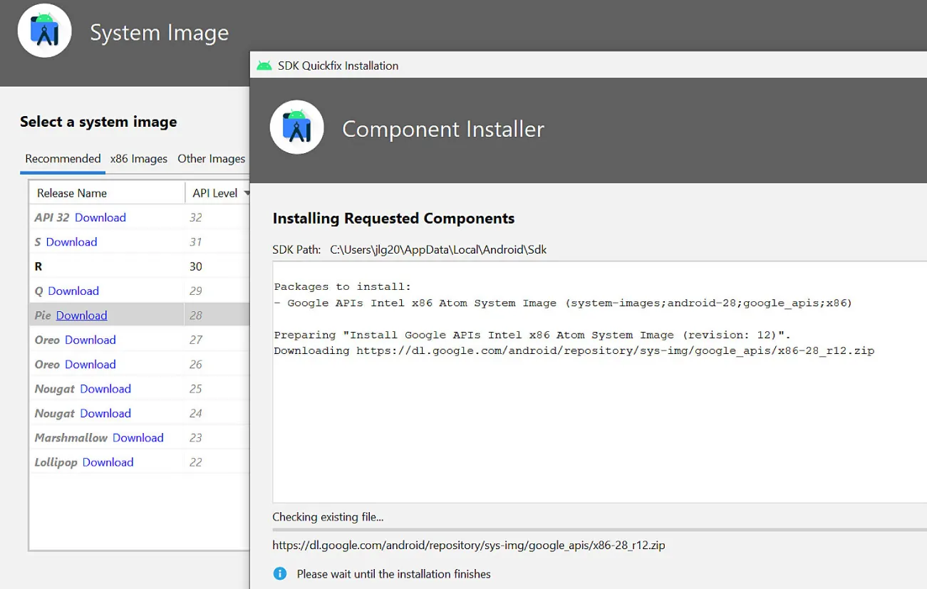 Screenshot of page to set up Android emulator.