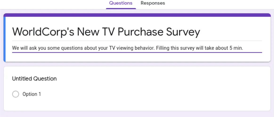Question tab is selected. The survey title and description are at the top. The next pane is titled Untitled Question and a checkable bubble is shown for Option 1.