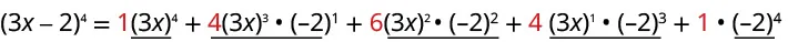 The image shows the binomial expansion of the expression (3x - 2)^4. It illustrates the application of the binomial theorem using the coefficients from Pascal's triangle (1, 4, 6, 4, 1) and demonstrating the decreasing powers of (3x) and increasing powers of (-2) for each term.