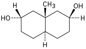 The structure of a trans-decalin with a wedged methyl and dashed hydrogen at the ring junction, a wedged hydroxyl at C 2, and dashed hydroxyl at C 7.