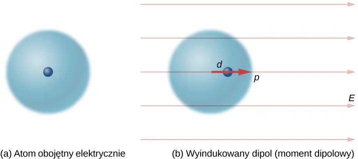Na rysunku a pokazany jest uproszczony model atomu. Jądro znajduje się w środku jednorodnej kuli ładunku ujemnego. Na rysunku b pokazany jest atom umieszczony w poziomym, jednorodnym polu elektrycznym o natężeniu E, które jest skierowane w prawo. Jądro zostało przesunięte w prawo na odległość d, tak że nie pozostaje już w środku kuli elektronów. Następstwem tego jest wyindukowany moment dipolowy, p, skierowany w prawo.