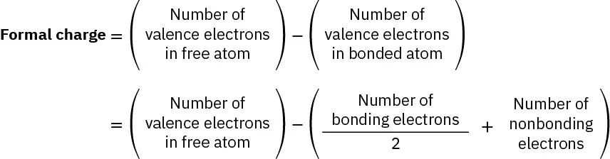Text image says formal charge equals number of free atom valence electrons minus number of bonded atom valence electrons (latter is half of bonding plus all nonbonding electrons).