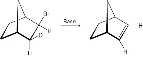 A reaction in which a deuterated bromo compound reacts with a base to form an undeuterated alkene. The double bond in the product is bonded to two hydrogen atoms.