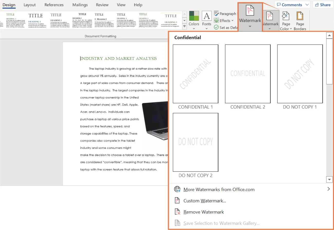 Watermark button is selected. Confidential pane displays four options for placement of Confidential/Do Not Copy words in various position in background of document. More Watermarks, Custom Watermarks, and Remove Watermark options follow.