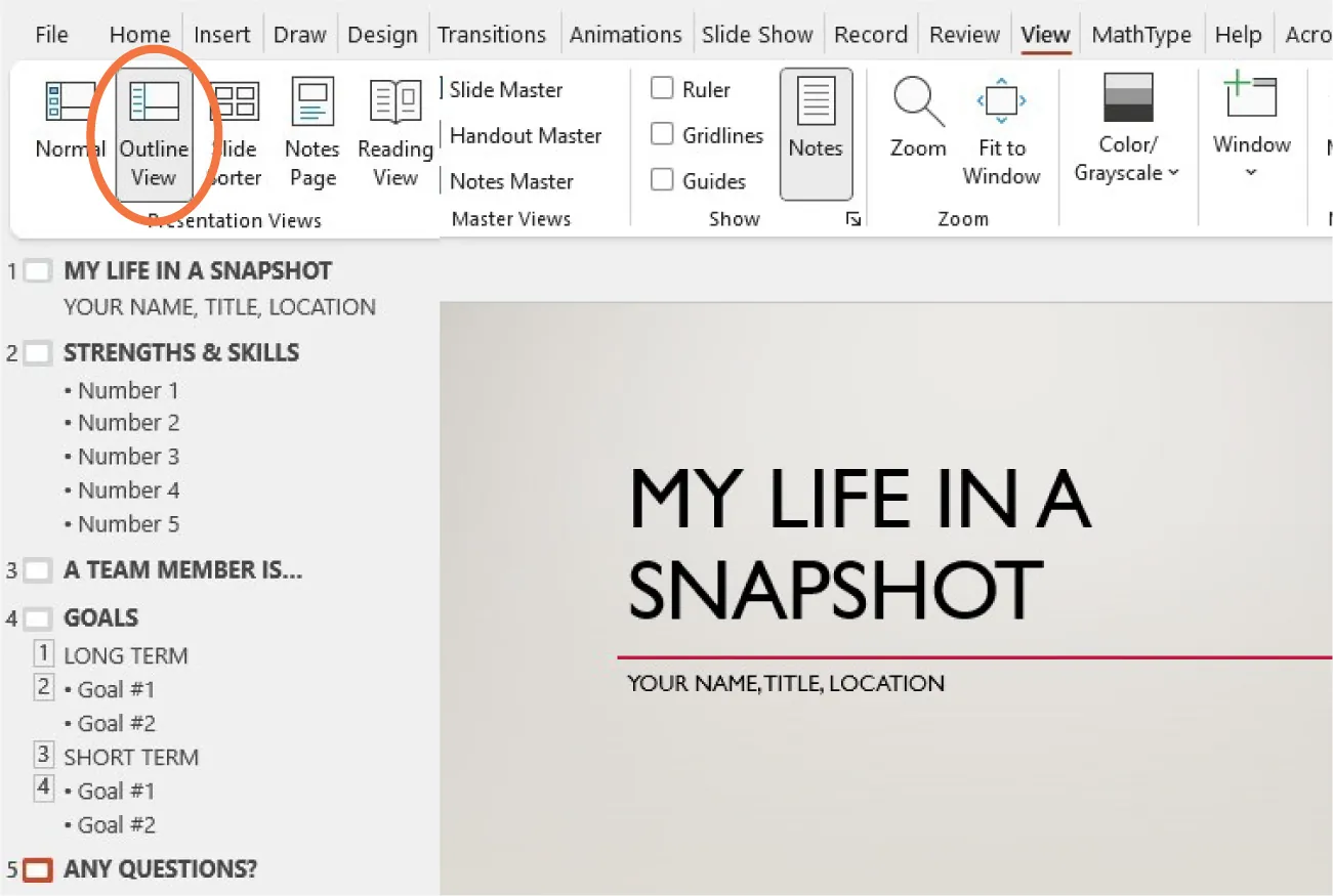 A screenshot of the View Tab with Outline View selected in the Presentation Views command group. The presentation is visible in outline form at the left (no thumbnails are visible).
