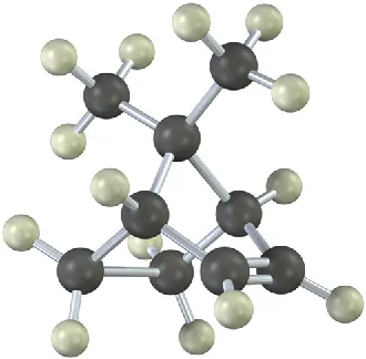The ball-and-stick model of cyclopentene ring with double bond at C 1, methyl groups on C 4, and a chain of two methylene groups connecting C 3 and C 5.