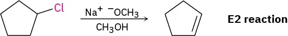 The E2 reaction of chloropentane with sodium methoxide and methanol to form cyclopentene.