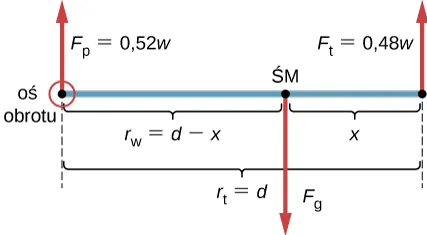 Rysunek przedstawia schematycznie rozkład ciężaru na osiach samochodu osobowego o rozstawie osi d. Na równym podłożu samochód wywiera nacisk wynoszący 52% swojego ciężaru na przednie koła (Fp) i nacisk 48% swojego ciężaru na tylnych kołach (Ft). Tutaj oś obrotu zaznaczona kółkiem wybrana jest na przedniej osi pojazdu. Odległość między tylną osią a środkiem masy wynosi x. Odległość pomiędzy przednią osią a środkiem masy (oznaczona rg) wynosi d - x. Ramię siły Ft jest równe rozstawowi osi d, czyli rt = d.