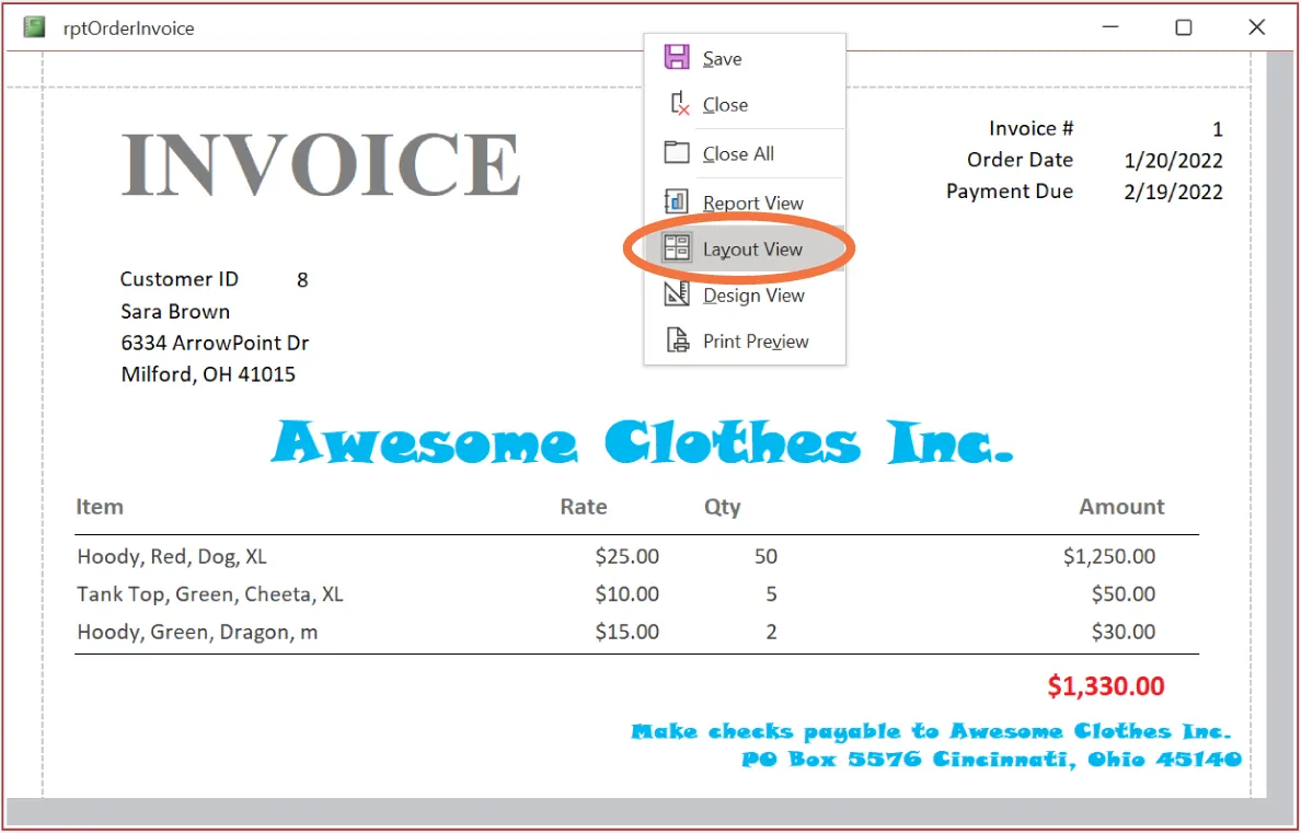 Screenshot of an Invoice for Awesome Clothes, Inc. displays an open pane with Save, Close, Close All, Report View, Layout View (selected), Design View, and Print Preview available for selection.