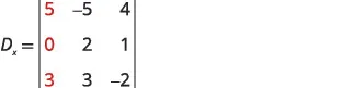 The image shows a 3x3 matrix denoted as D_x. The elements of the matrix are presented in three rows and three columns. The first column of the matrix, consisting of the numbers 5, 0, and 3, is highlighted in red. The second column contains -5, 2, and 3. The third column contains 4, 1, and -2.