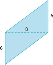 A geometric shape is shown. It appears to be composed of two triangles. The shared base of both triangles is 8, the heights are both labeled 6.