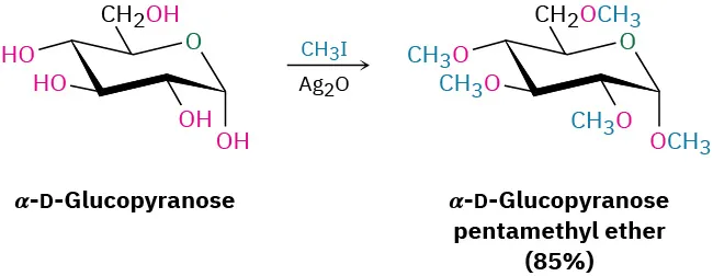 Alpha-D-Glucopyranose reacts with iodomethane in the presence of silver oxide to form alpha-D-glucopyranose pentamethyl ether (85 percent yield).