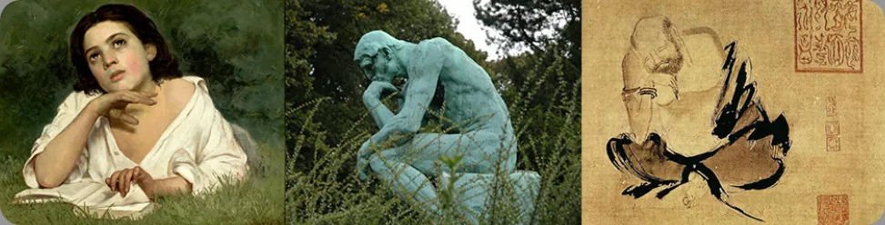 Three side by side images are shown. On the left is a person lying in the grass with a book, looking off into the distance. In the middle is a sculpture of a person sitting on rock, with chin rested on hand, and the elbow of that hand rested on knee. The third is a drawing of a person sitting cross-legged with his head resting on his hand, elbow on knee.