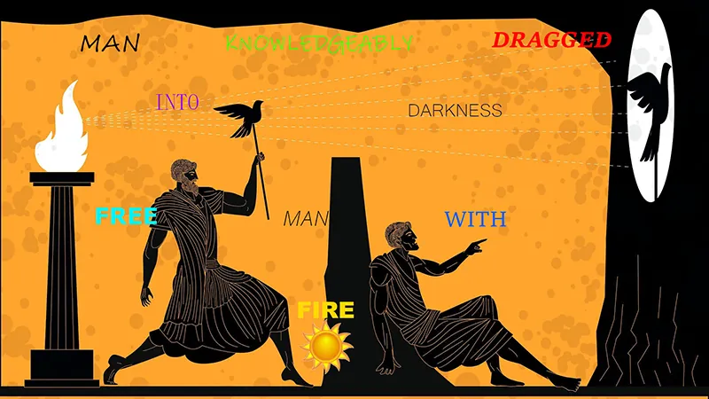 An illustration of Plato’s “Allegory of the Cave” shows a prisoner chained to a wall while they look at the shadow of a manipulated image projected in front of them.