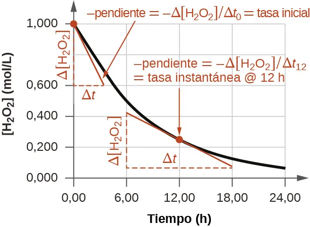 Se muestra un gráfico con la etiqueta, "Tiempo (h)", que aparece en el eje x y "[H subíndice 2 O subíndice 2] (mol por L)" en el eje y. Las marcas del eje x comienzan en 0,00 y terminan en 24,00. Las marcas están etiquetadas a intervalos de 6,00. El eje y comienza en 0,000 e incluye marcas cada 0,200, hasta 1,000. Se muestra una curva decreciente, cóncava hacia arriba, no lineal, que comienza en 1,000 en el eje y y casi alcanza el valor 0 en el extremo derecho del gráfico alrededor de 24,00 en el eje x. Se dibuja un segmento de línea tangente roja en el gráfico en el punto en el que el gráfico interseca el eje y en 1,000. La pendiente está etiquetada como "pendiente igual a delta mayúscula negativa [H subíndice 2 O subíndice 2] sobre delta mayúscula t subíndice 0 igual a tasa inicial". Un segmento de línea discontinua vertical se extiende desde el punto final izquierdo del segmento de línea hacia abajo para intersecarse con un segmento de línea horizontal similar trazado desde el punto final derecho del segmento de línea, formando un triángulo rectángulo debajo de la curva. El cateto vertical del triángulo está etiquetado como "delta mayúscula [H subíndice 2 O subíndice 2]" y el cateto horizontal está etiquetado como "delta mayúscula t". La pendiente está etiquetada como "pendiente igual a delta mayúscula negativa [H subíndice 2 O subíndice 2] sobre delta mayúscula t subíndice 12 igual a tasa instantánea a 12 h". Un segundo segmento de línea tangente roja se traza cerca de la mitad de la curva en 12,00 en el eje x. Un segmento de línea discontinua vertical se extiende desde el punto final izquierdo del segmento de línea hacia abajo para intersecarse con un segmento de línea horizontal similar trazado desde el punto final derecho del segmento de línea, formando un triángulo rectángulo debajo de la curva. El cateto vertical del triángulo está etiquetado como "delta mayúscula [H subíndice 2 O subíndice 2]" y el cateto horizontal está etiquetado como "delta mayúscula t".