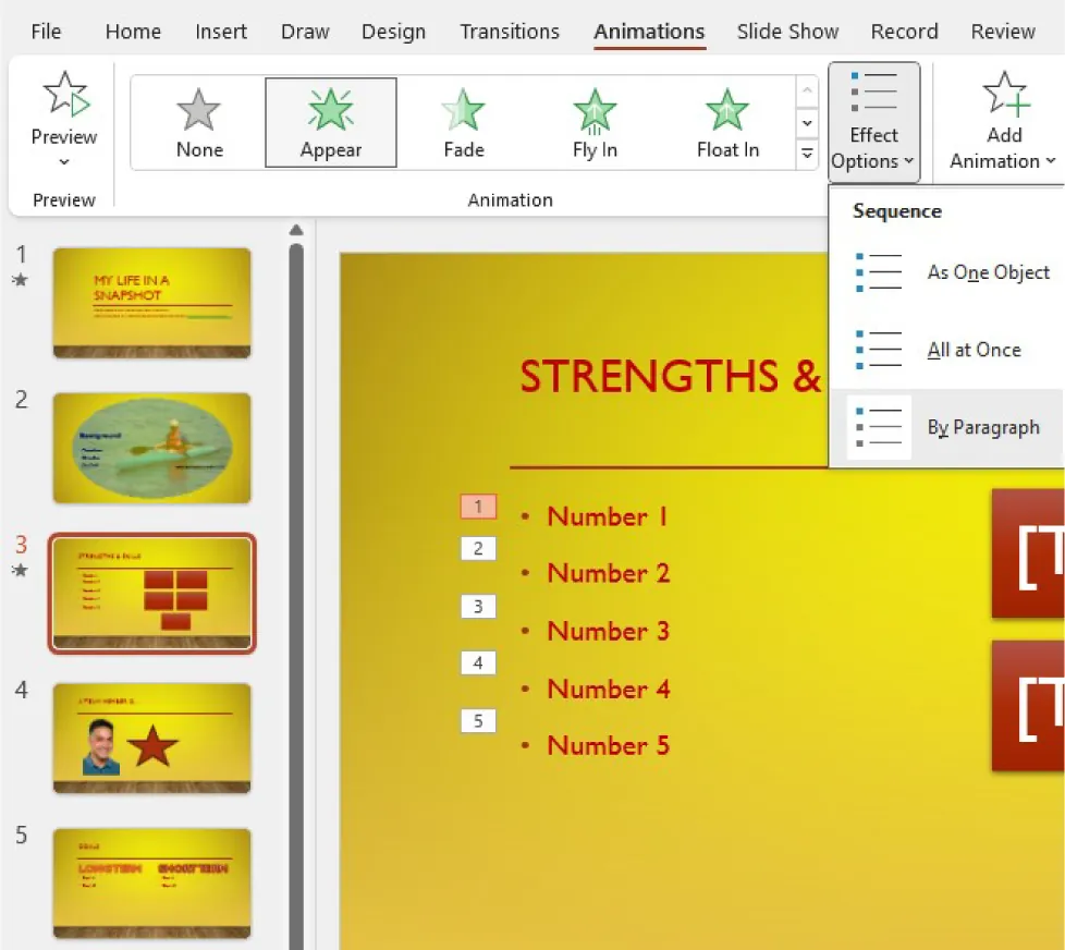 A PowerPoint screen is open to the Animations tab. The Effect Options button is selected.