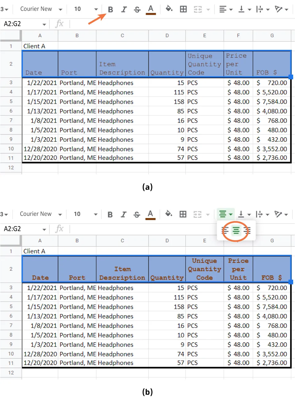 (a) Row 2 is selected and Bold selected. (b) Data in Row 2 is bolded. Row 2 is still selected. Alignment icon is selected and Center is applied to row 2.