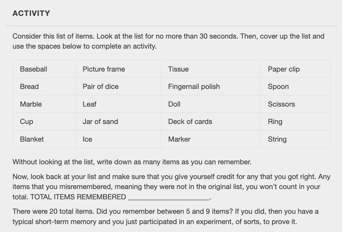 An activity page titled 'ACTIVITY' presents a short-term memory test, instructing the user to memorize a list of 20 items and then recall them to assess their memory retention. Typical recall is 5-9 items.