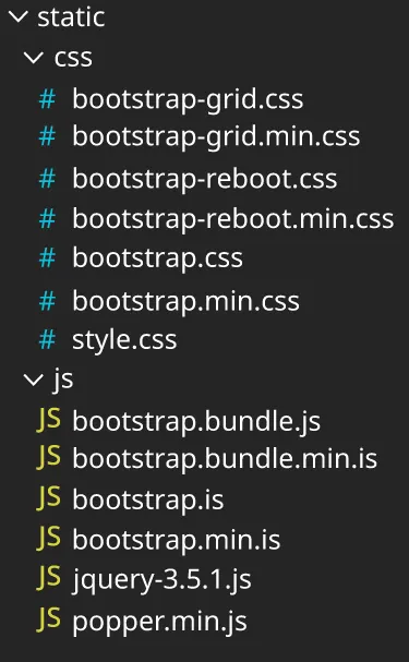 Screenshot of static directory with css and js files listed.