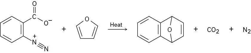 When heated, benzenediazonium carboxylate reacts with furan to yield an organic product, carbon dioxide, and nitrogen.