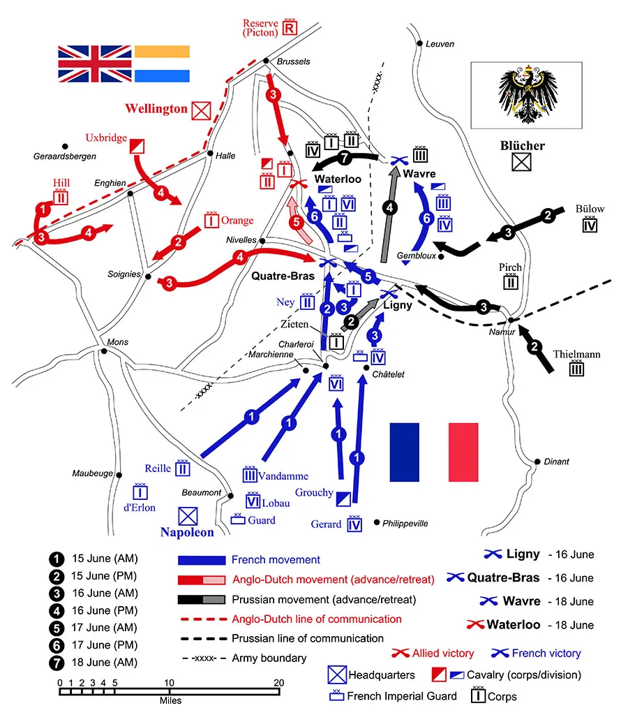 A map shows the “Order of Napoleon’s Battle of Waterloo.”