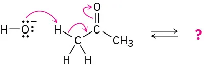 Acetone undergoes a reversible reaction with hydroxide to produce unknown product(s), depicted by a question mark. Arrows indicate hydroxide abstracts alpha hydrogen, pushing electrons toward carbonyl oxygen.