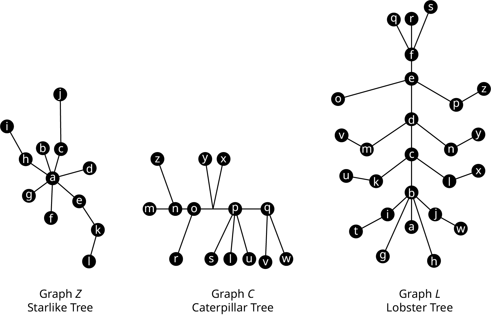 Six graphs. Graph S has 7 vertices. The edges are a b, b f, f g, f c, b c, b d, and d e. Graph N has 6 vertices. The edges are I j, I h, l k, and l m. The edges, I j, and l k intersect each other. Graph P has 6 vertices. The edges are s t, s r, r q, q p, and p o. Graph Z has 12 vertices. The edges are a b, a c, a d, a e, a f, a g, a h, h i, c j, e k, and k l. Graph C has 14 vertices. The edges are m n, n z, n o, o r, o p, o x, o y, p y, p x, p s, p t, p u, p q, p v, and p w. Graph L has 26 vertices. The edges are f q, f t, f s, f e, e o, e p, p z, e d, d m, m v, d n, n y, d c, c k, k u, c l, l k, c b, b i, i t, b j, j w, b a, b g, and b h.