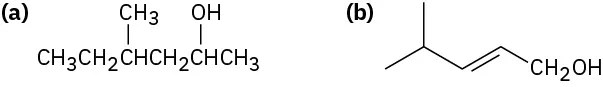 Structure A is a condensed formula for 4-methylhexan-2-ol. Structure B is a condensed formula for trans-4-methylpent-2-en-1-ol.