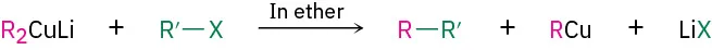 The reaction of di-R copper with R'-X in ether forms three products, R-R', R-Cu, and Li-X.