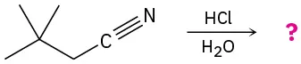 Conversion of 3,3-dimethylbutane nitrile to unknown products depicted by a question mark by reaction with hydrochloric acid and water.