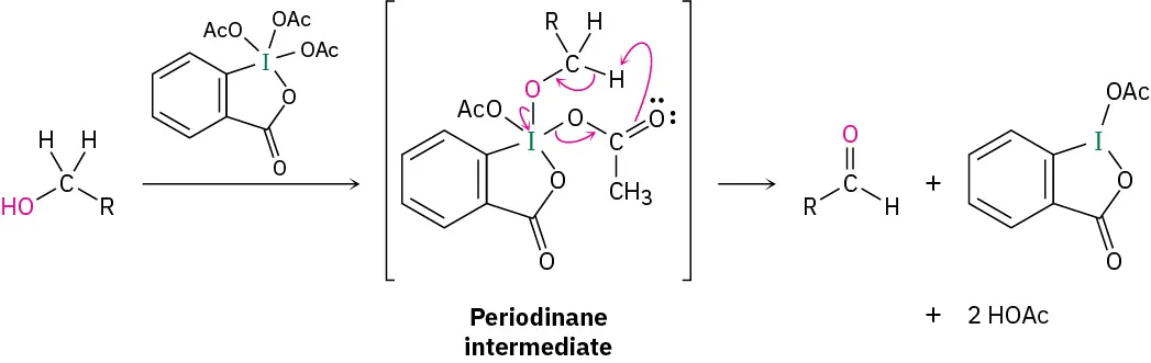 A primary alcohol reacts with Dess-Martin periodinane to form periodinane intermediate. This reacts to form an aldehyde.