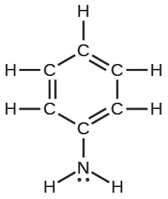 The molecular structure of aniline (C6H5NH2), an aromatic organic compound featuring a benzene ring with an amino (-NH2) group attached.