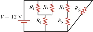 A complex circuit diagram with six resistors and multiple branches is shown.