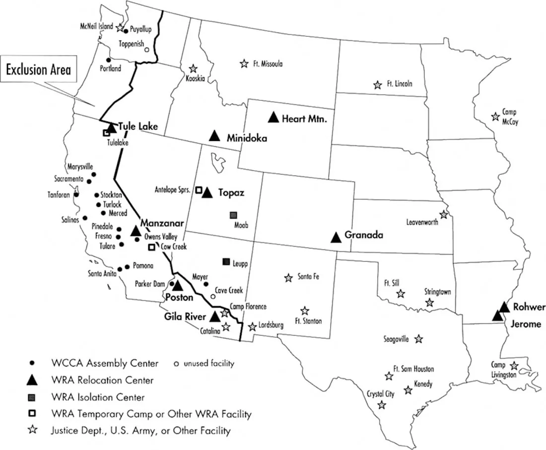 This black and white map shows the United States west of the Mississippi River. The following cities are labeled WCCA Assembly Center: Puyollup, Washington; Portland, Oregon; Marysville, California; Sacramento, California; Tanforan, California; Stockton, California; Turlock, California; Merced, California; Salinas, California; Pinedale, California; Fresno, California; Tulare, California; Owens Valley, California; Pomona, California; Santa Anita, California; Parker Dam, Arizona; Mayer, Arizona. The following cities are labeled WRA Relocation Center: Tule Lake, California; Manzanar, California; Poston, Arizona; Gila River, Arizona; Topaz, Utah; Minidoka, Idaho; Heart Mountain, Wyoming; Granada, Colorado; Rohwer, Arkansas; Jerome, Arkansas. The following cities are labeled WRA Isolation Center: Leupp, Arizona; Moab, Utah. The following cities are labeled WRA Temporary Camp or Other WRA Facility: Tulelake, California; Cow Creek, California; Antelope Springs, Utah. The following cities are labeled Justice Dept., U.S. Army, or Other Facility: McNeil Island, Washington; Kooskia, Idaho; Ft. Missoula, Montana; Ft. Lincoln, North Dakota, Camp McCoy, Wisconsin; Leavenworth, Kansas; Ft. Sill, Oklahoma; Stringtown, Oklahoma; Camp Livingston, Louisiana; Seagaville, Texas; Ft. Sam Houston, Texas; Kenedy, Texas; Crystal City, Texas; Santa Fe, New Mexico; Ft. Stanton, New Mexico; Lordsburg, New Mexico; Camp Florence, Arizona; Catalina, Arizona. The following cities are labeled unused facility: Cave Creek, Arizona; Toppenish, Washington. There is a border that splits Washington and Oregon in half vertically. It continues along the eastern border of California and cuts through the southwestern part of Arizona, ending at the Arizona-New Mexico border. It is labeled “Exclusion Area.”