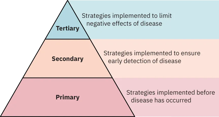 A triangle representing the levels of prevention with tertiary prevention at the top, secondary prevention in the middle, and primary prevention at the bottom.