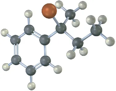 A ball-and-stick model of bromo alkane. The gray, black, and red spheres represent hydrogen, carbon, and bromine, respectively.