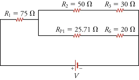 The same circuit diagram from above but with the two parallel resistors combined.