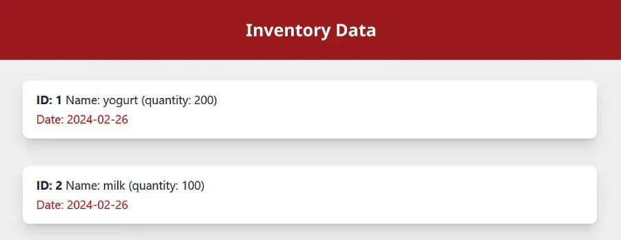 A screenshot shows the following: Inventory Data; ID: 1 Name yogurt (quantity: 200); ID: 2 Name: milk (quantity: 100).