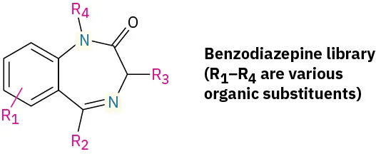 Benzene with R 1 fused to 7-membered ring made of two nitrogens, five carbons, and double bond. This ring is bonded to oxygen, R 2, R 3, and R 4.