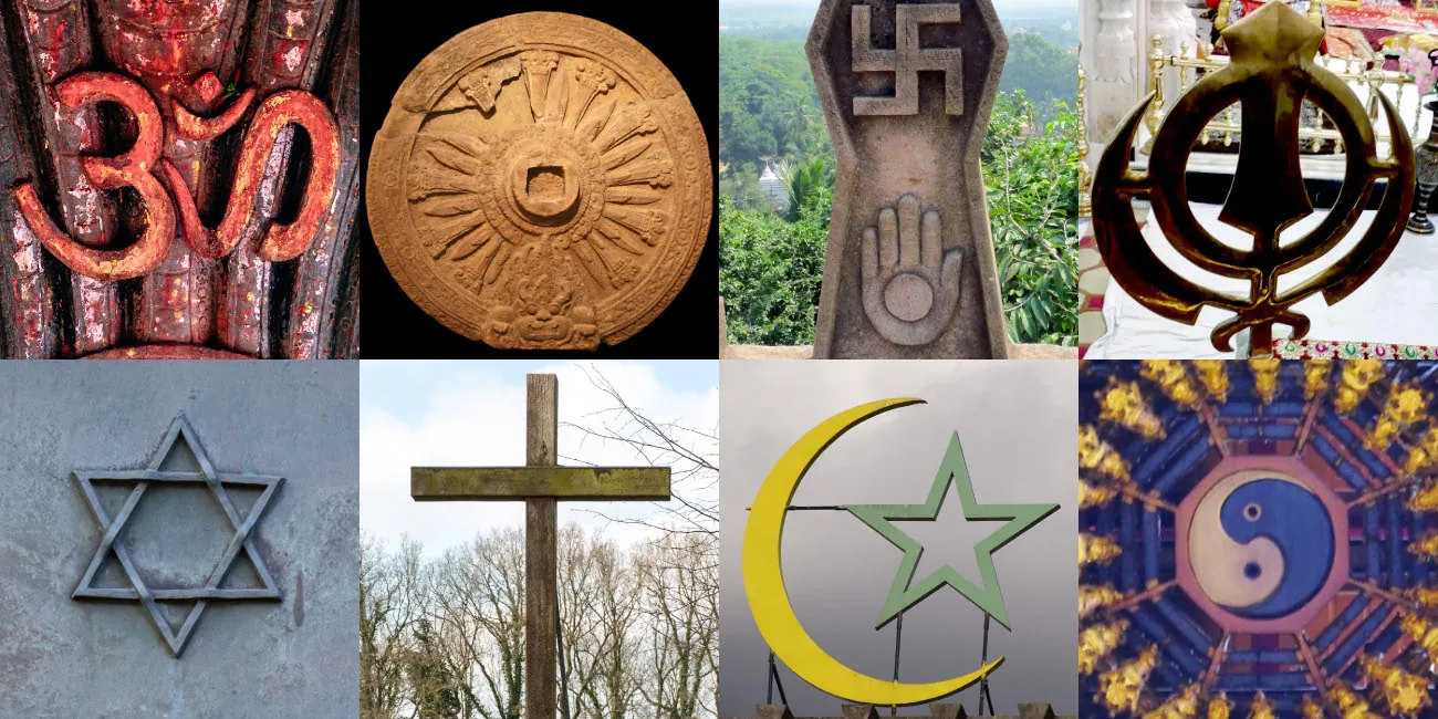 Photos in top row include the word Om, the wheel of dharma, the Jain emblem, and the khanda. Bottom row includes the star of David, a cross, the crescent and star, and the taijitu.