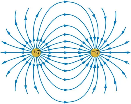 The electric force field between a positively charged particle and a negatively charged particle. Electric field lines start from the positive charge and end at the negative charge, and each line is represented as a curved arrow.