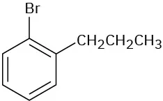 In a benzene ring, C 1 is bonded to a bromine atom and C 2 is bonded to a 3-carbon chain.