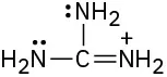 A central carbon is single bonded to two amine groups, each with a lone pair, and double bonded to another amine carrying a positive charge.